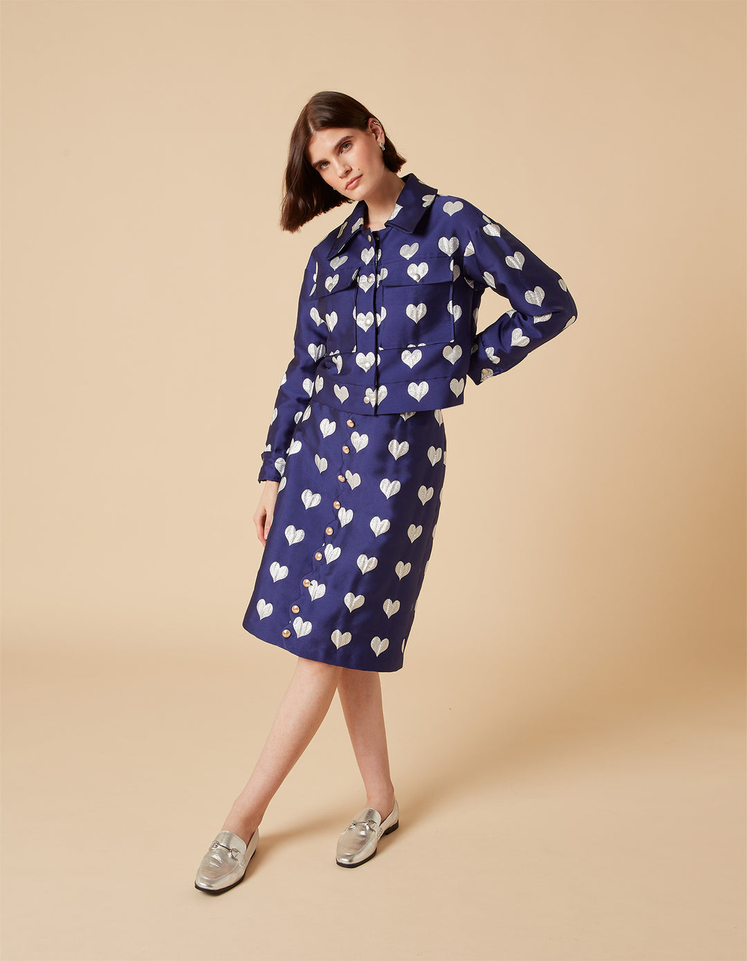 Dylan Blue Heart Print Silk Jacquard Cropped Jacket – Lisou