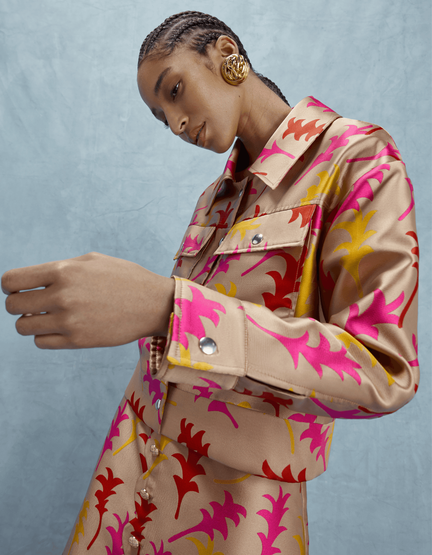 Dylan Beige Highland Print Silk Jacquard Cropped Jacket Lisou