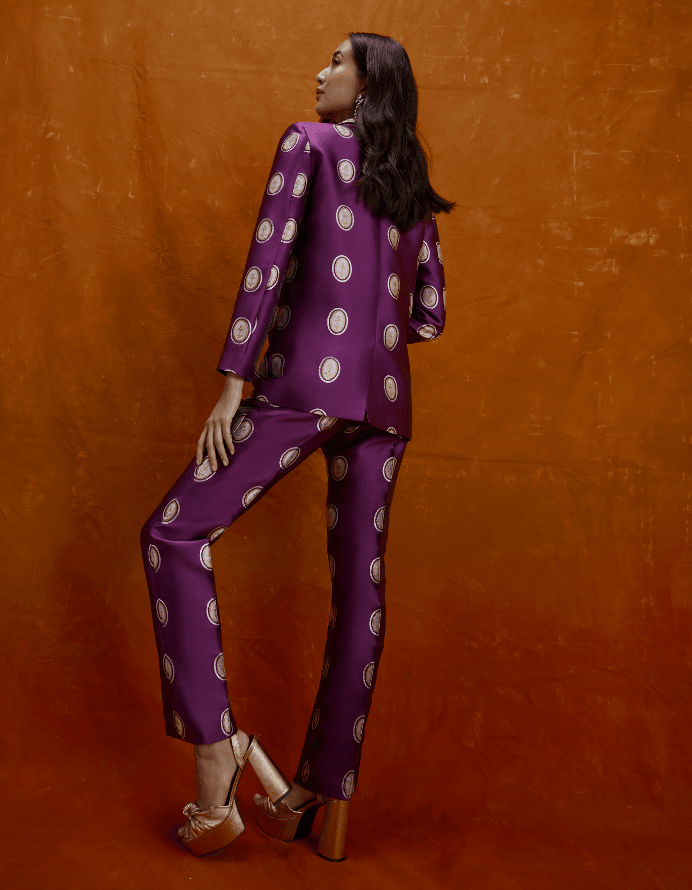 Hetty Dark Purple Cameo Silk Jacquard Trousers – Lisou