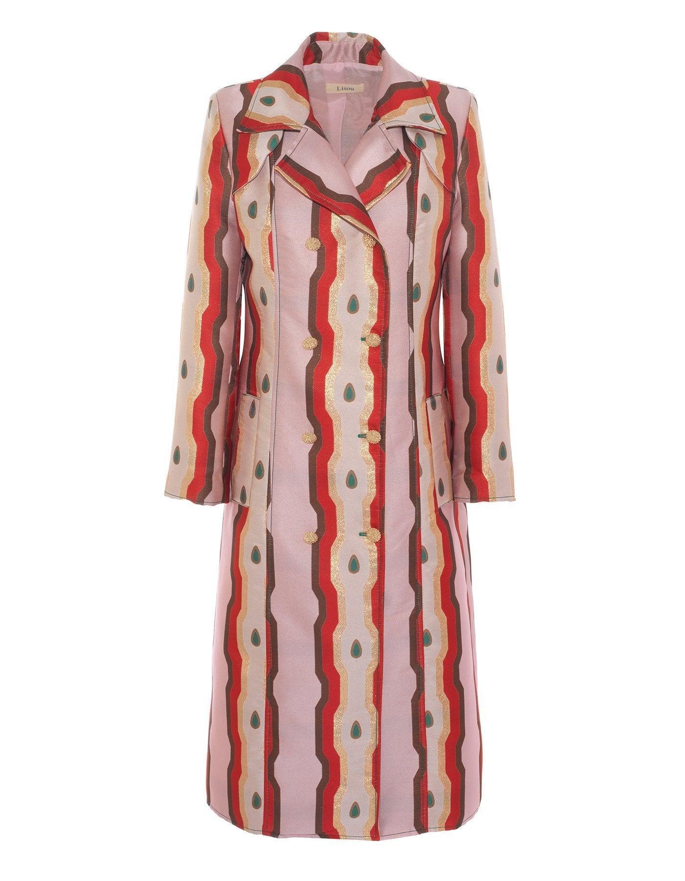 Lisou | Maude Pink Metallic Link Print Jacquard LongLine Maxi Coat